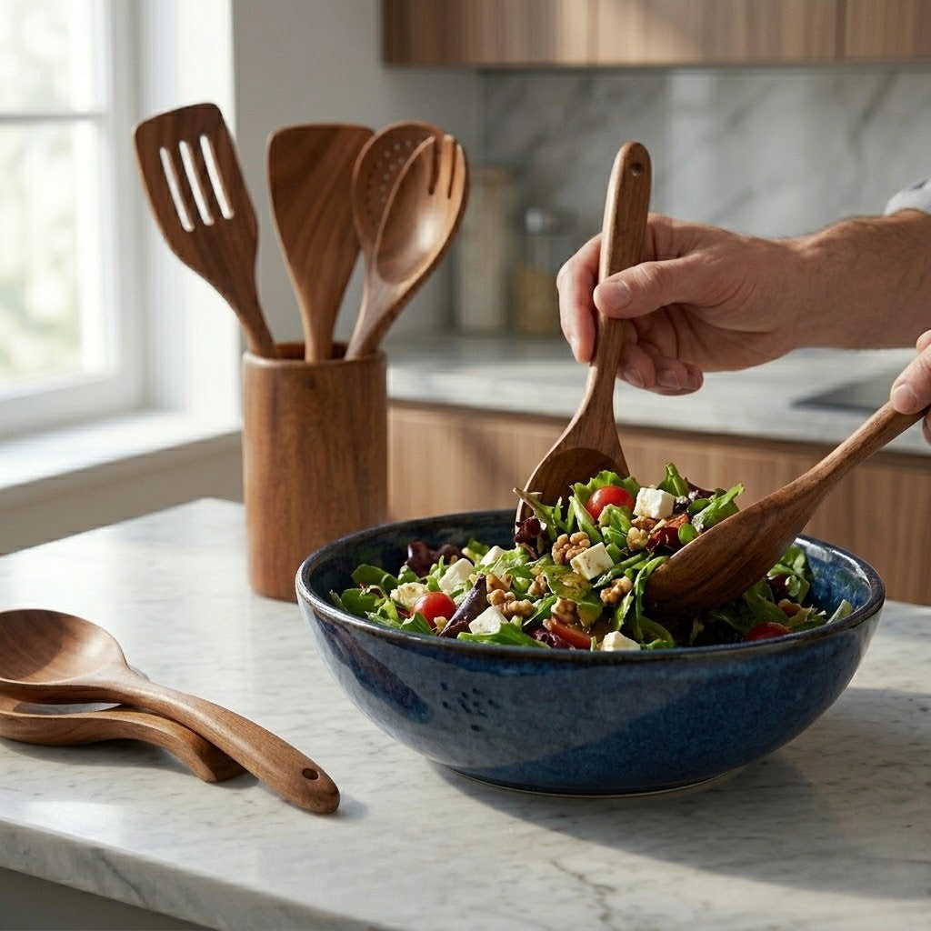 Microfree houten kookgerei detail - duurzaam acaciahout keukengereedschap